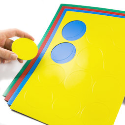 BA-014CI, Magnetische symbolen cirkel groot, voor whiteboards & planborden, 12 symbolen per A4-blad, in verschillende kleuren